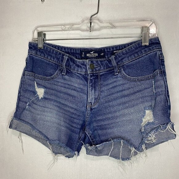 Hollister Jean Shorts Size 5 W27 Midi Short Low Rise Distressed Denim Inseam: 3” - Picture 1 of 8